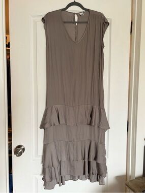 Taupe Ruffle Tiered Midi Dress - OAK